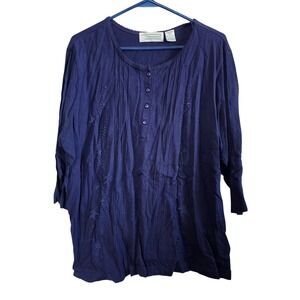 Extra‎ Shenanigans Navy Blue Embroidered Pintuck Henley Top 2XL 600156-0098